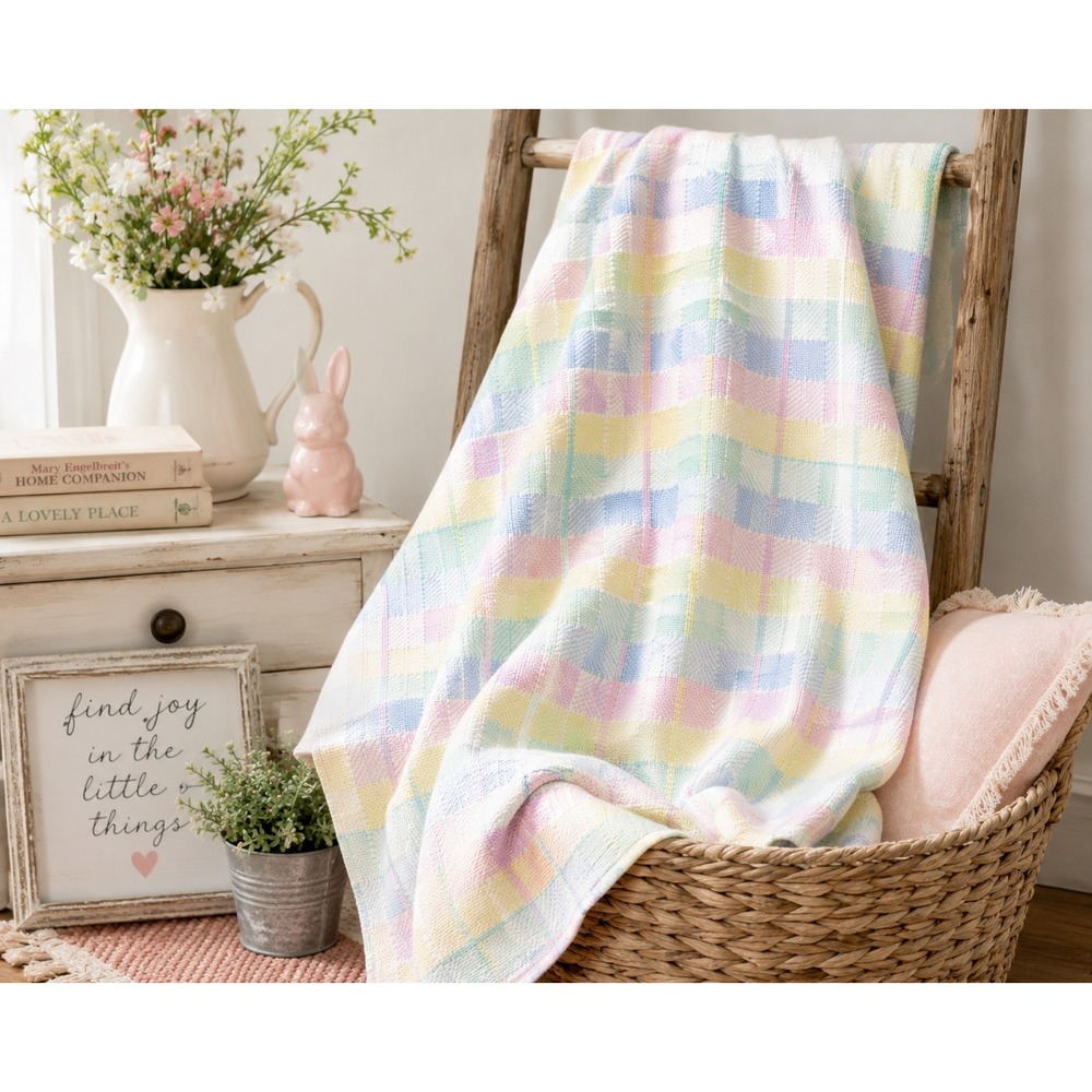 Vintage Beacon Baby Receiving Blanket Cotton Pastel Plaid Waffle Weave Woven